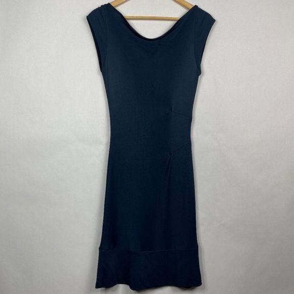 Paul Hardy? Cowl Neck?Short Sleeve Midi Sheath Fitted Dress  Navy Blue - Picture 3 of 5